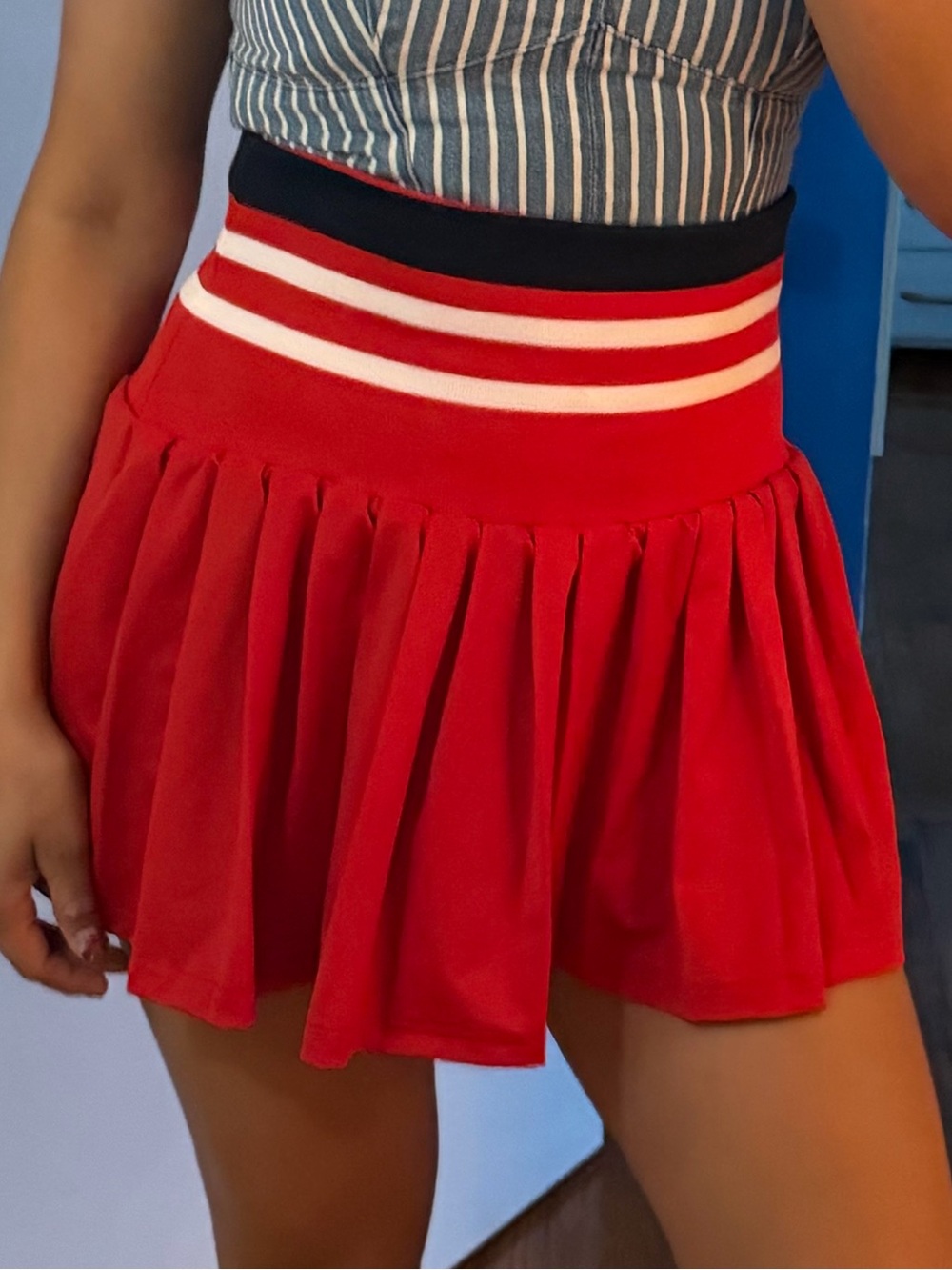 Red Pleated Mini Skirt with Stripe Waistband